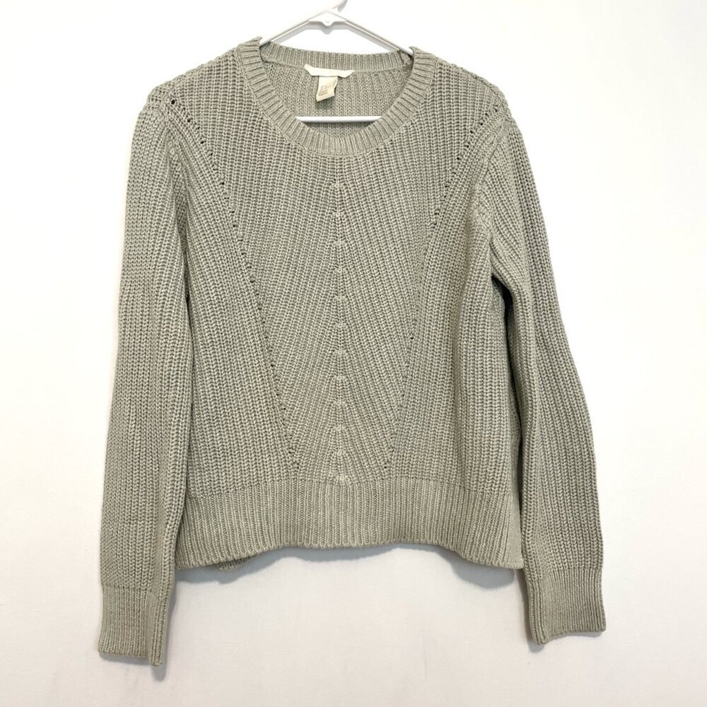 H&M Sage Green Chunky Knit Textured Cropped Crop Cotton Crew Neck Spring Sweater